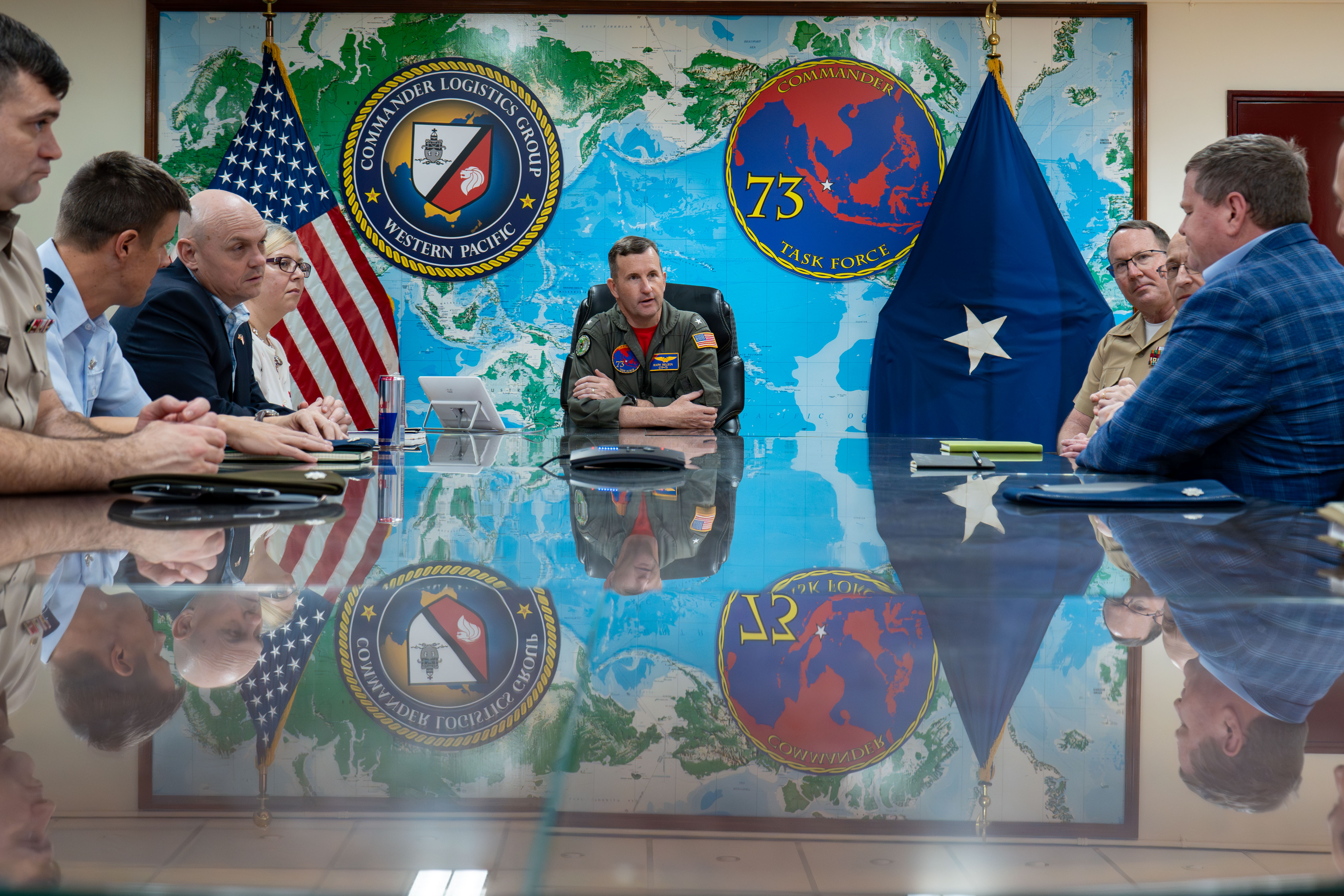 Rear Admiral Mark A. Melson, commander, Logistics Group Western Pacific/Task Force 73, meets with staff and students from Air War College during scheduled visit to Sembawang Naval Installation, Singapore, March 5, 2024 (U.S. Navy/Jomark A. Almazan)